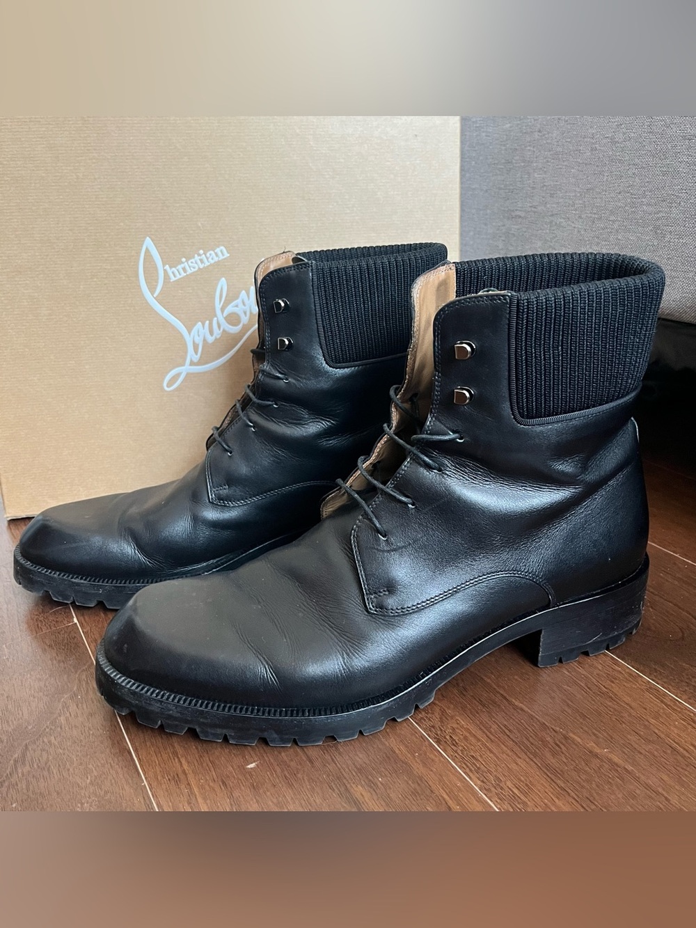 Christian Louboutin Black Leather Ankle Lace-Up Boots